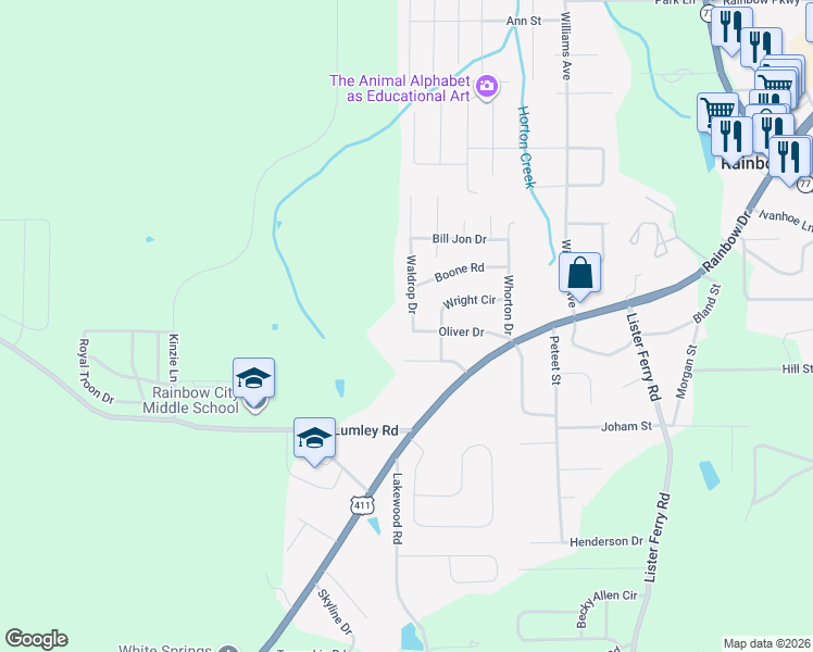 map of restaurants, bars, coffee shops, grocery stores, and more near 4201 Oliver Drive in Rainbow City