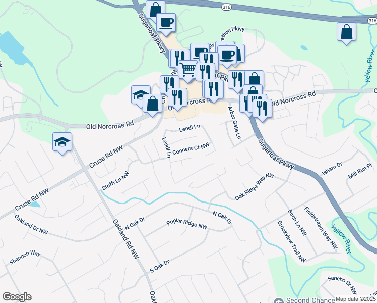 map of restaurants, bars, coffee shops, grocery stores, and more near 1860 Conners Court Northwest in Lawrenceville