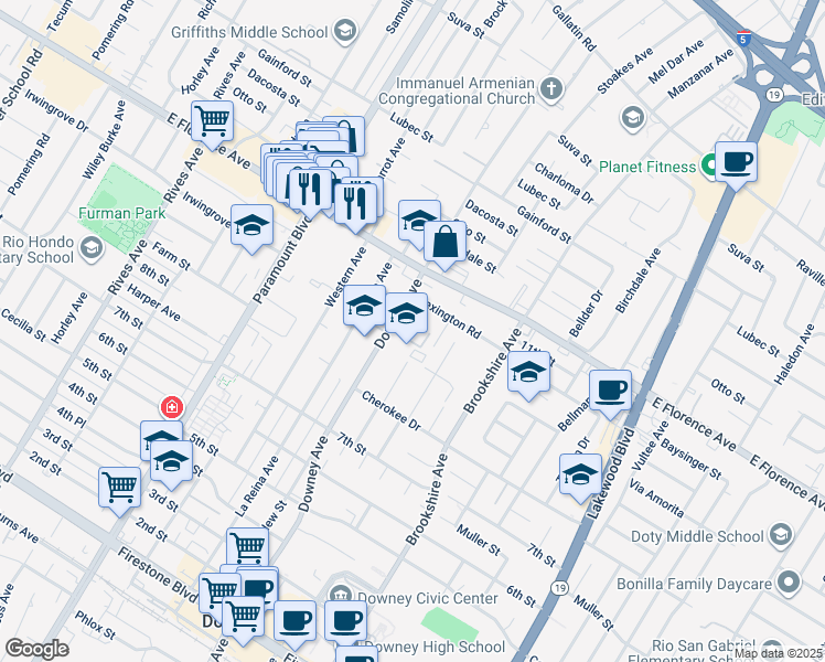 map of restaurants, bars, coffee shops, grocery stores, and more near 10330 Downey Avenue in Downey