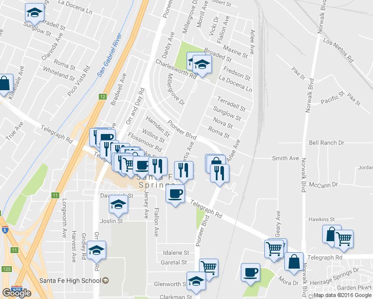 map of restaurants, bars, coffee shops, grocery stores, and more near 129 Alburtis Avenue in Santa Fe Springs