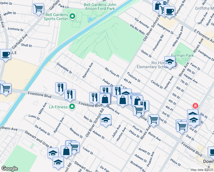 map of restaurants, bars, coffee shops, grocery stores, and more near 7336 Pellet Street in Downey