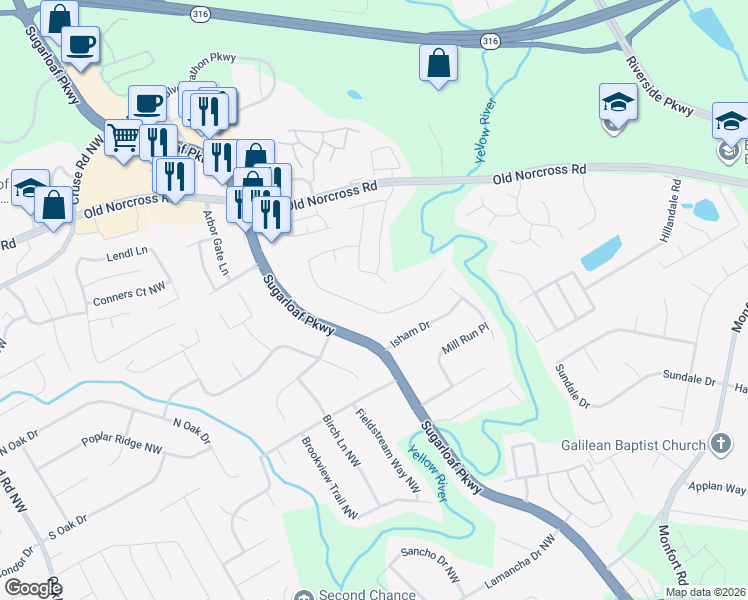 map of restaurants, bars, coffee shops, grocery stores, and more near 1914 Riverlanding Circle in Lawrenceville