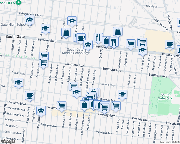 map of restaurants, bars, coffee shops, grocery stores, and more near 9230 San Vincente Avenue in South Gate
