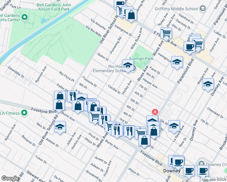 map of restaurants, bars, coffee shops, grocery stores, and more near 7640 Cecilia Street in Downey