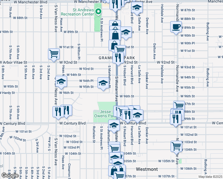 map of restaurants, bars, coffee shops, grocery stores, and more near 9506 South Manhattan Place in Los Angeles