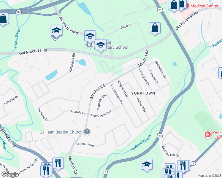 map of restaurants, bars, coffee shops, grocery stores, and more near 1452 Providence Way in Lawrenceville