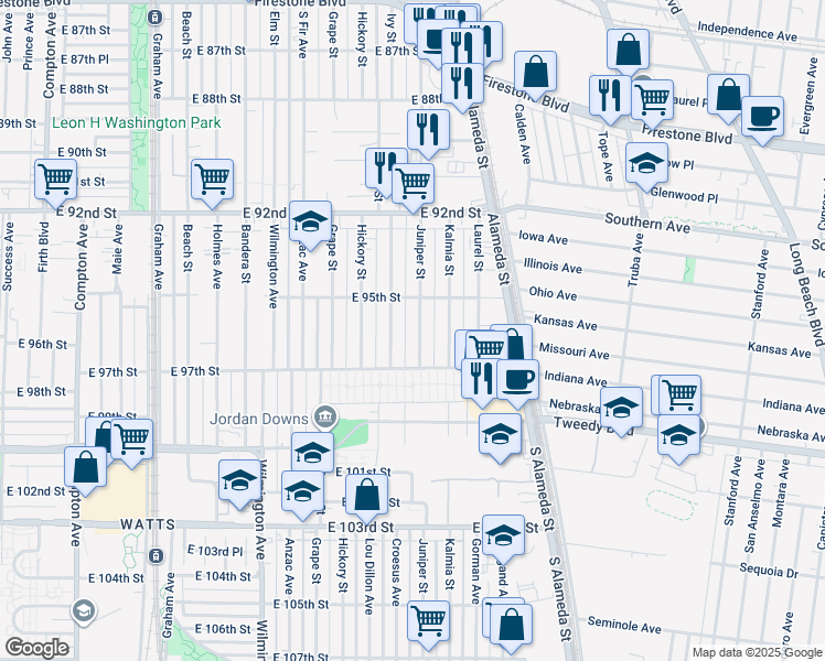 map of restaurants, bars, coffee shops, grocery stores, and more near 9603 Juniper Street in Los Angeles