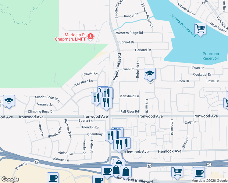 map of restaurants, bars, coffee shops, grocery stores, and more near 23033 Lambourne Court in Moreno Valley