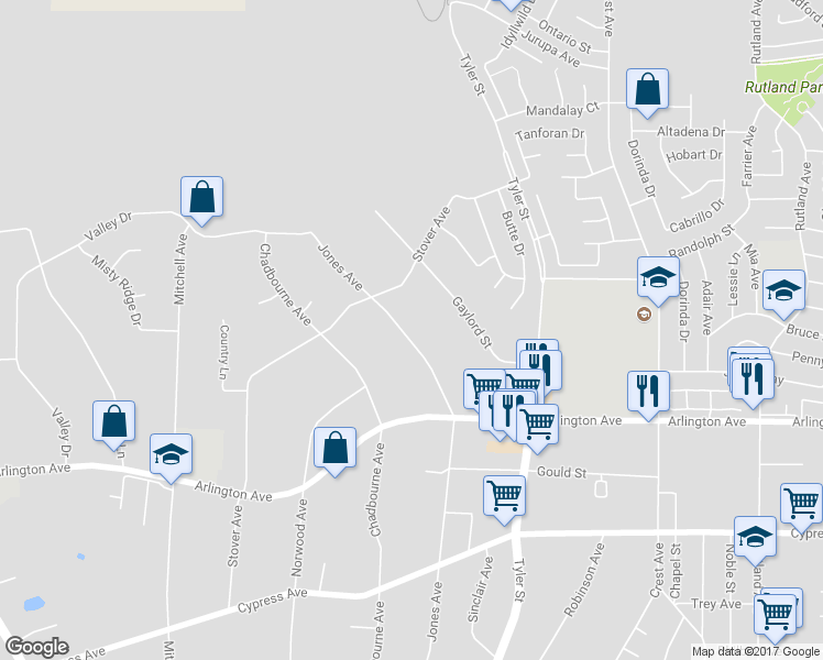 map of restaurants, bars, coffee shops, grocery stores, and more near 6671 Jones Avenue in Riverside
