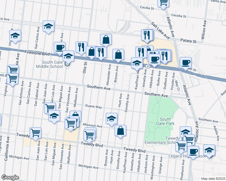 map of restaurants, bars, coffee shops, grocery stores, and more near 4424 Southern Avenue in South Gate