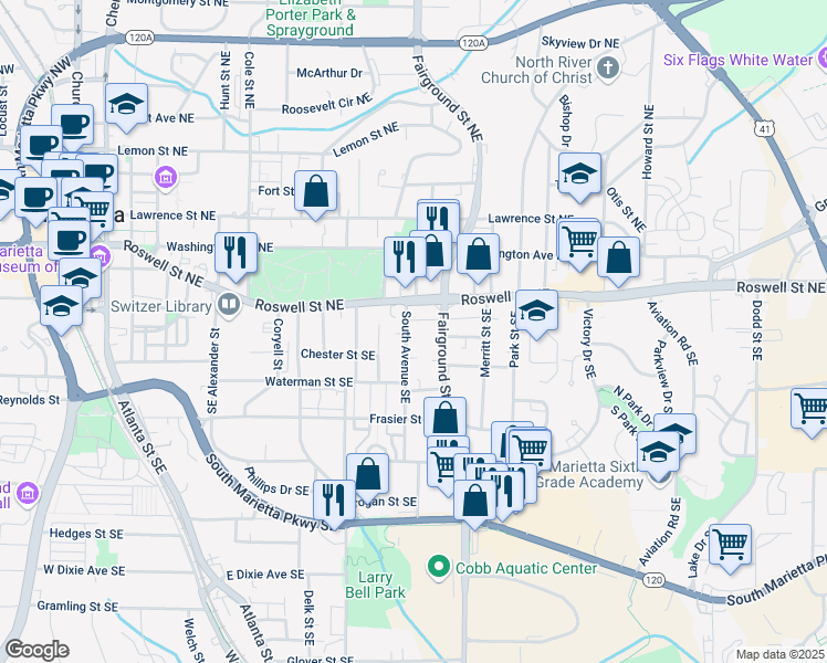map of restaurants, bars, coffee shops, grocery stores, and more near 55 South Avenue Southeast in Marietta