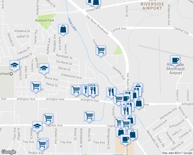 map of restaurants, bars, coffee shops, grocery stores, and more near 6588 Begonia Circle in Riverside