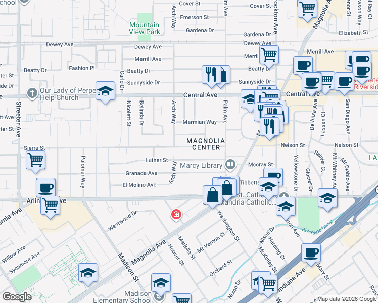 map of restaurants, bars, coffee shops, grocery stores, and more near in Riverside