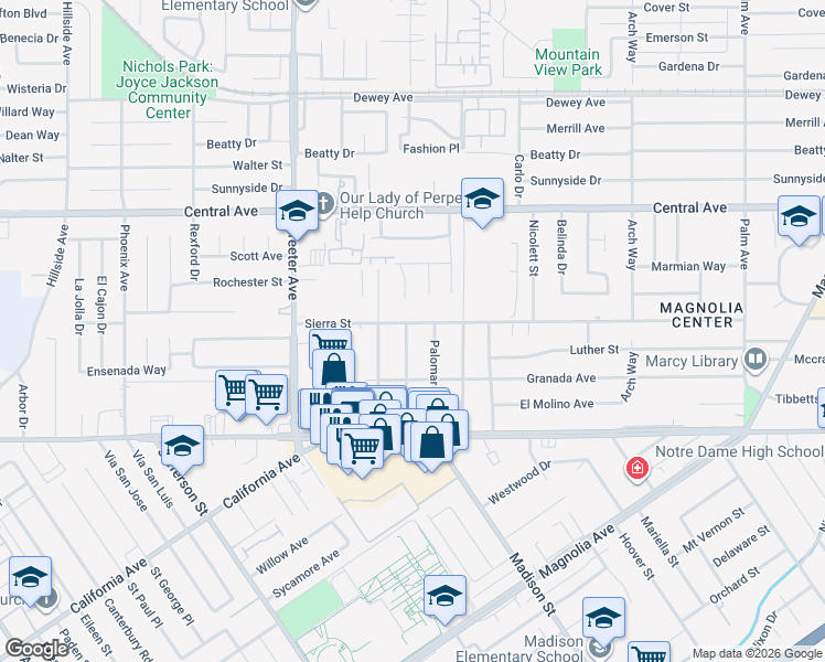 map of restaurants, bars, coffee shops, grocery stores, and more near 5090 Sierra Street in Riverside
