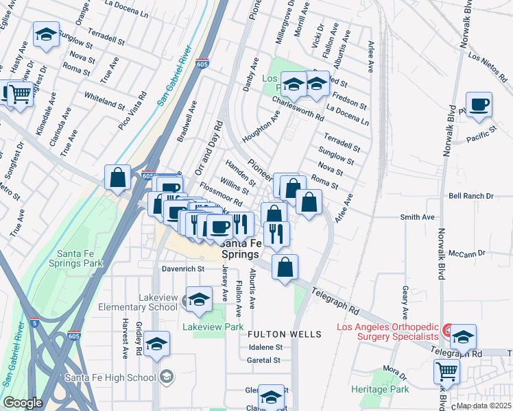 map of restaurants, bars, coffee shops, grocery stores, and more near 152 Jersey Avenue in Santa Fe Springs