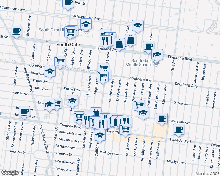 map of restaurants, bars, coffee shops, grocery stores, and more near 9327 San Antonio Avenue in South Gate