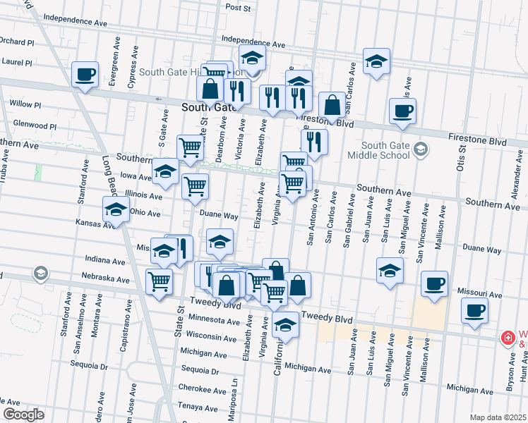 map of restaurants, bars, coffee shops, grocery stores, and more near 9400 Elizabeth Avenue in South Gate