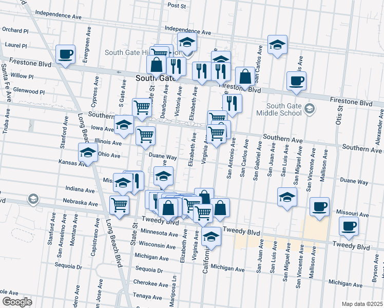 map of restaurants, bars, coffee shops, grocery stores, and more near 9400 Elizabeth Avenue in South Gate