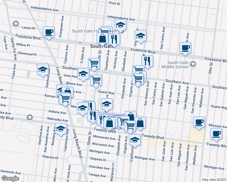 map of restaurants, bars, coffee shops, grocery stores, and more near 9413 Victoria Avenue in South Gate
