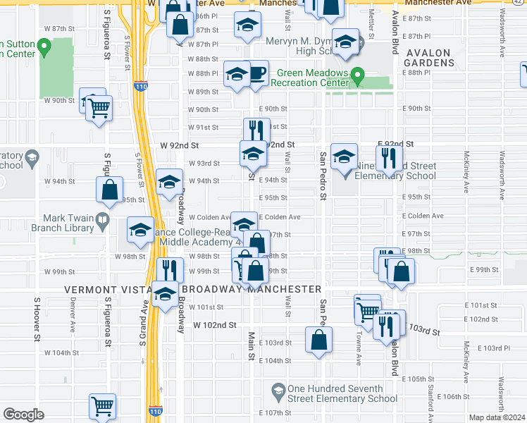 map of restaurants, bars, coffee shops, grocery stores, and more near 9518 South Main Street in Los Angeles