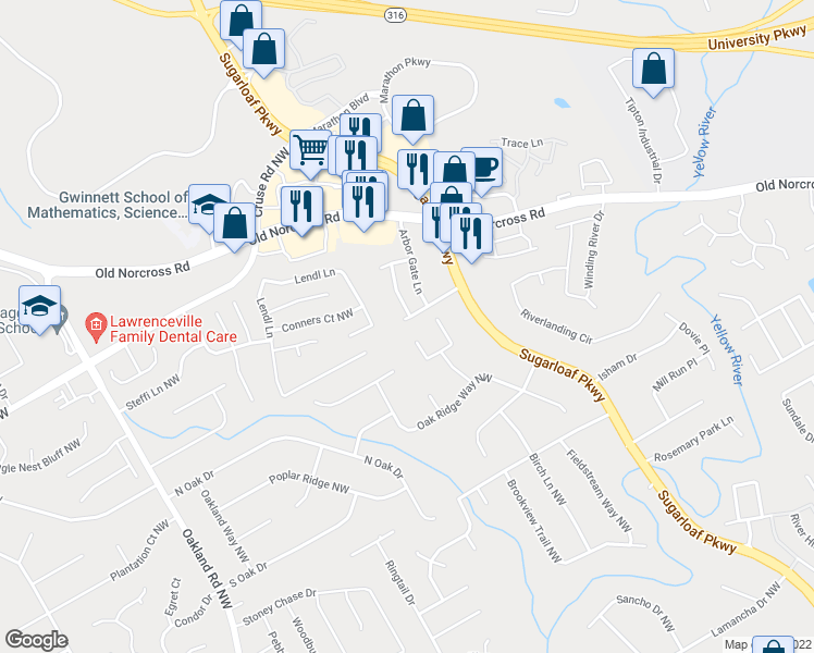 map of restaurants, bars, coffee shops, grocery stores, and more near 1788 Arbor Gate Drive in Lawrenceville