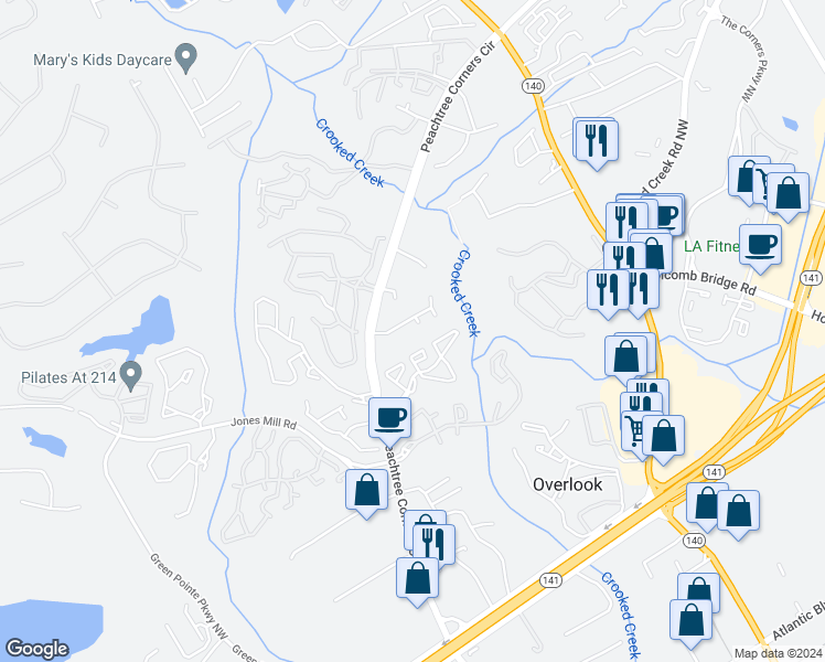 map of restaurants, bars, coffee shops, grocery stores, and more near 6498 Parton Court in Norcross