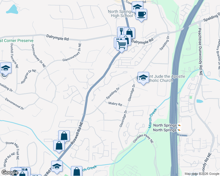 map of restaurants, bars, coffee shops, grocery stores, and more near 610 Spalding Drive in Atlanta