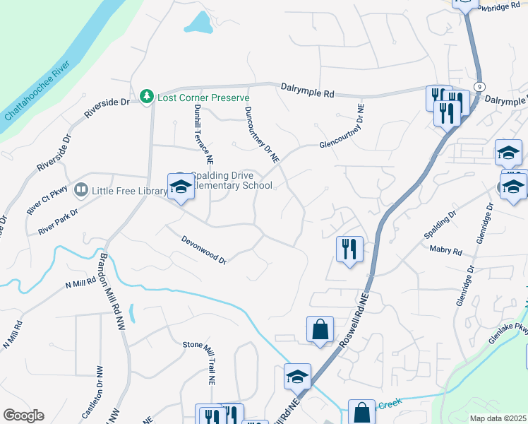 map of restaurants, bars, coffee shops, grocery stores, and more near 205 Glencourtney Drive Northeast in Atlanta