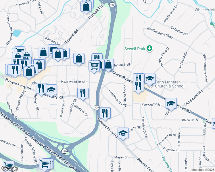 map of restaurants, bars, coffee shops, grocery stores, and more near 1875 Hazelwood Drive Southeast in Marietta