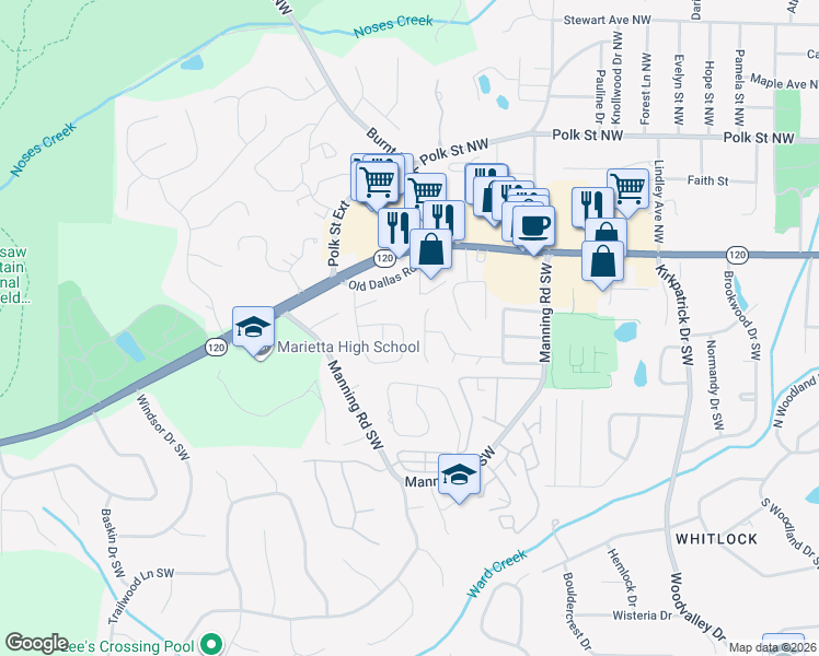 map of restaurants, bars, coffee shops, grocery stores, and more near 390 Hickory Walk Southwest in Marietta