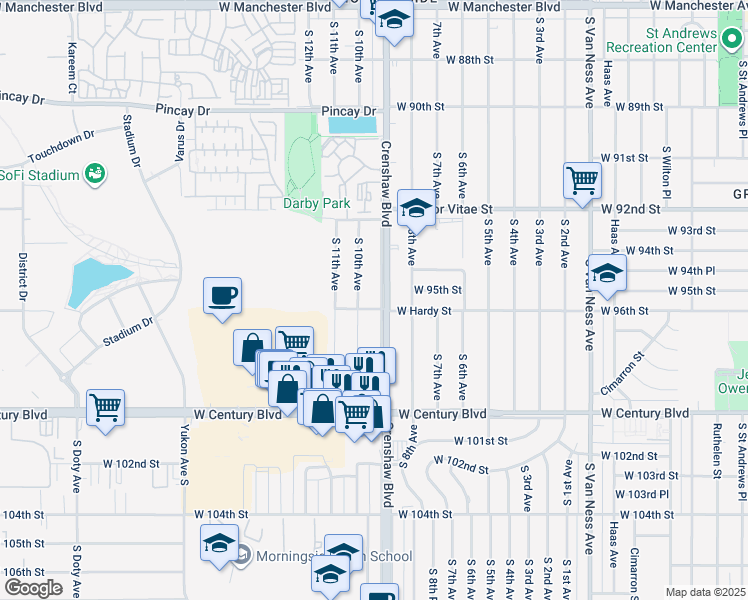 map of restaurants, bars, coffee shops, grocery stores, and more near 9533 Crenshaw Boulevard in Inglewood