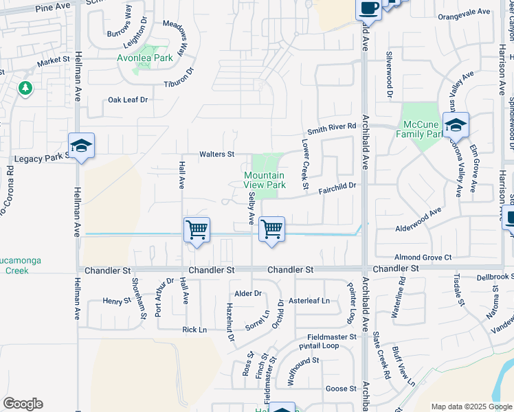map of restaurants, bars, coffee shops, grocery stores, and more near 7645 Swan Creek Drive in Corona