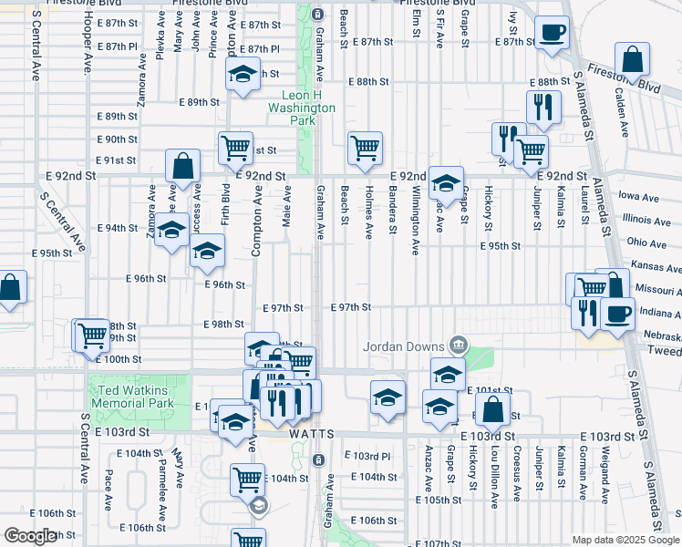 map of restaurants, bars, coffee shops, grocery stores, and more near 9537 Beach Street in Los Angeles