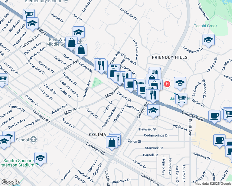 map of restaurants, bars, coffee shops, grocery stores, and more near 14766 Dalman Street in Whittier