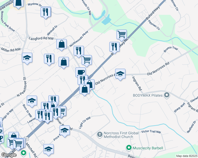 map of restaurants, bars, coffee shops, grocery stores, and more near 5237 Old Norcross Road in Norcross