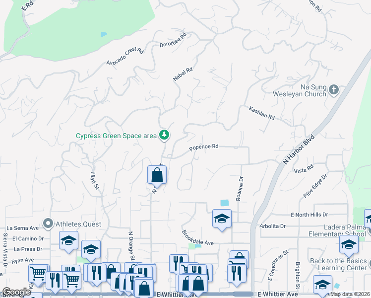 map of restaurants, bars, coffee shops, grocery stores, and more near 1279 Popenoe Road in La Habra Heights