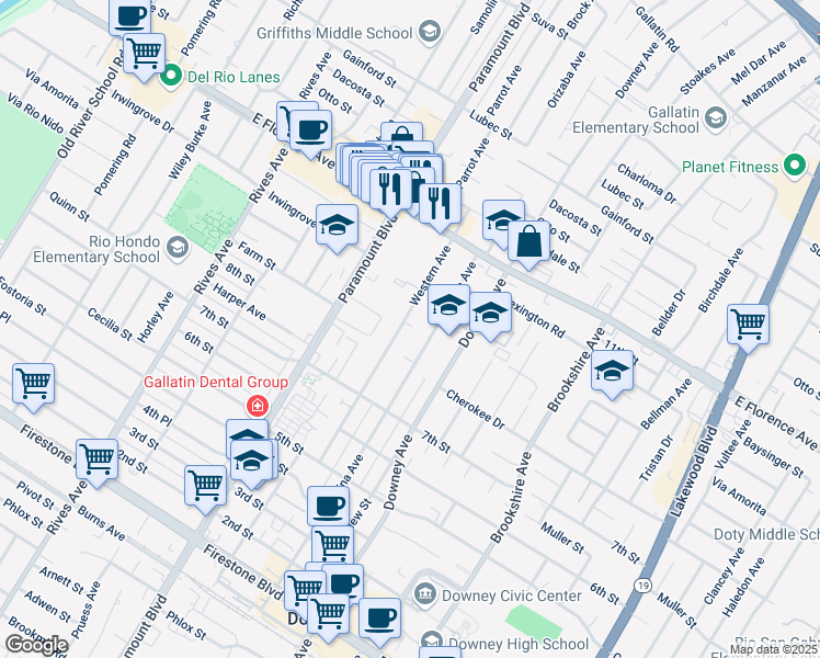map of restaurants, bars, coffee shops, grocery stores, and more near 10404 Western Ave in Downey