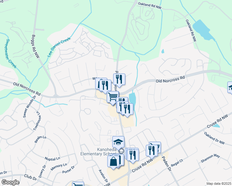map of restaurants, bars, coffee shops, grocery stores, and more near Old Norcross Rd & Herrington Rd NW in Lawrenceville