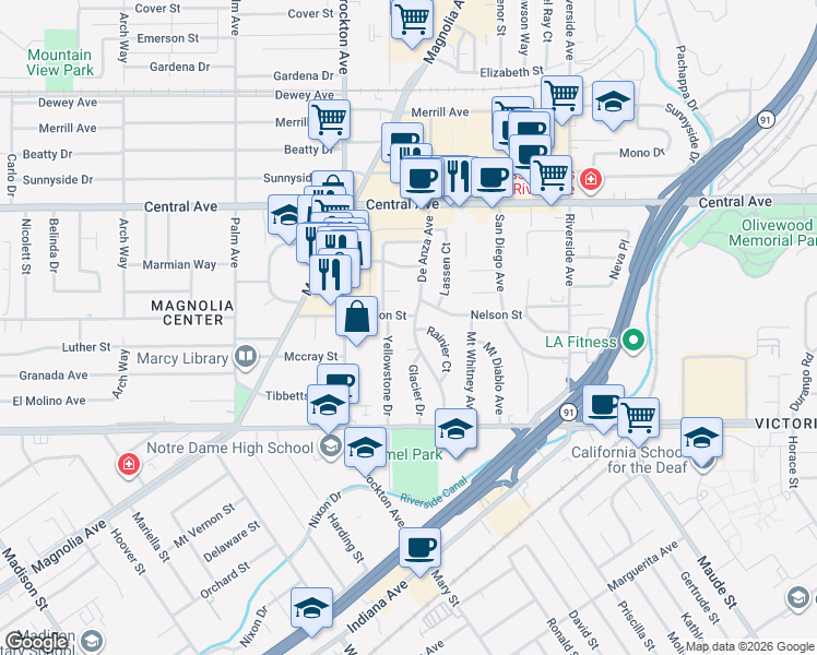 map of restaurants, bars, coffee shops, grocery stores, and more near 6715 De Anza Avenue in Riverside