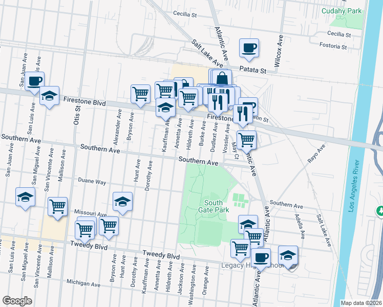 map of restaurants, bars, coffee shops, grocery stores, and more near 8991 Burke Avenue in South Gate