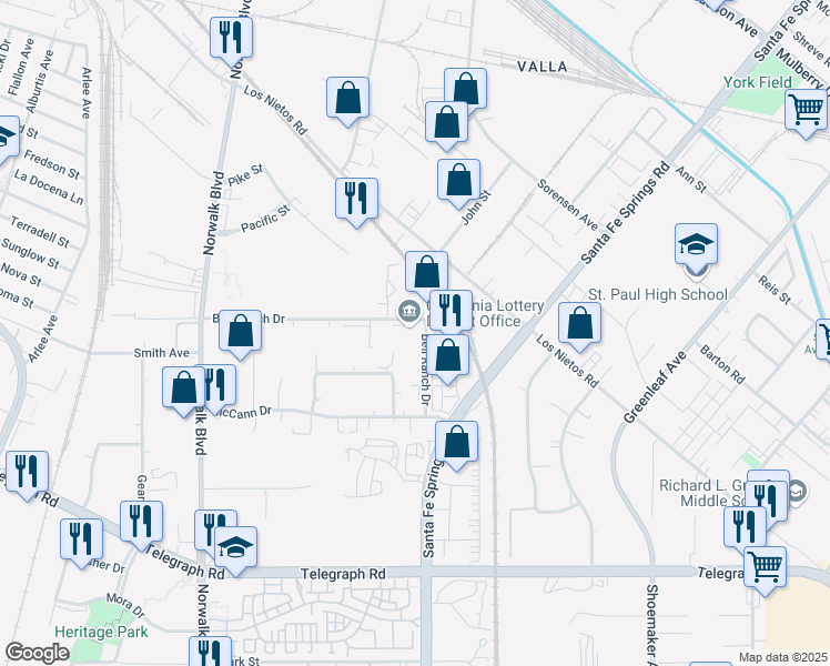 map of restaurants, bars, coffee shops, grocery stores, and more near 9807 Bell Ranch Drive in Santa Fe Springs