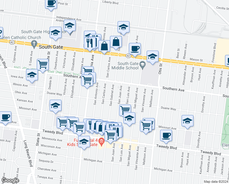 map of restaurants, bars, coffee shops, grocery stores, and more near 9312 San Gabriel Avenue in South Gate