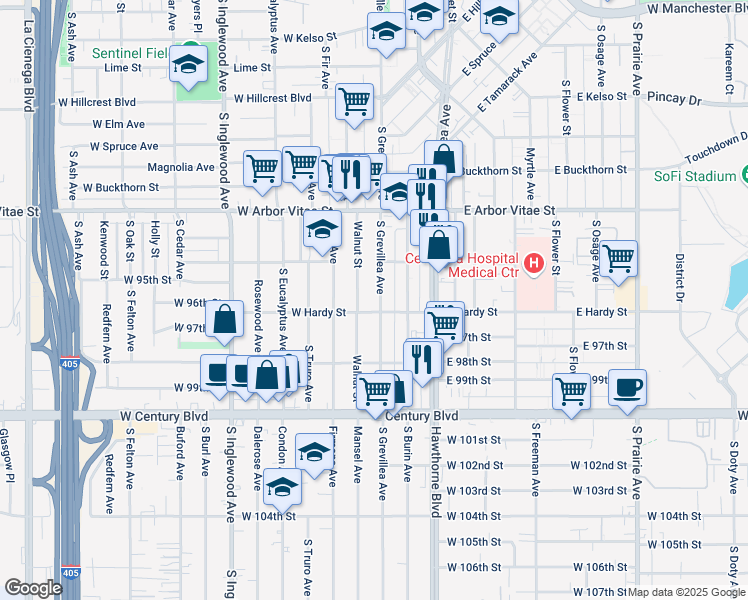 map of restaurants, bars, coffee shops, grocery stores, and more near 1039 South Grevillea Avenue in Inglewood