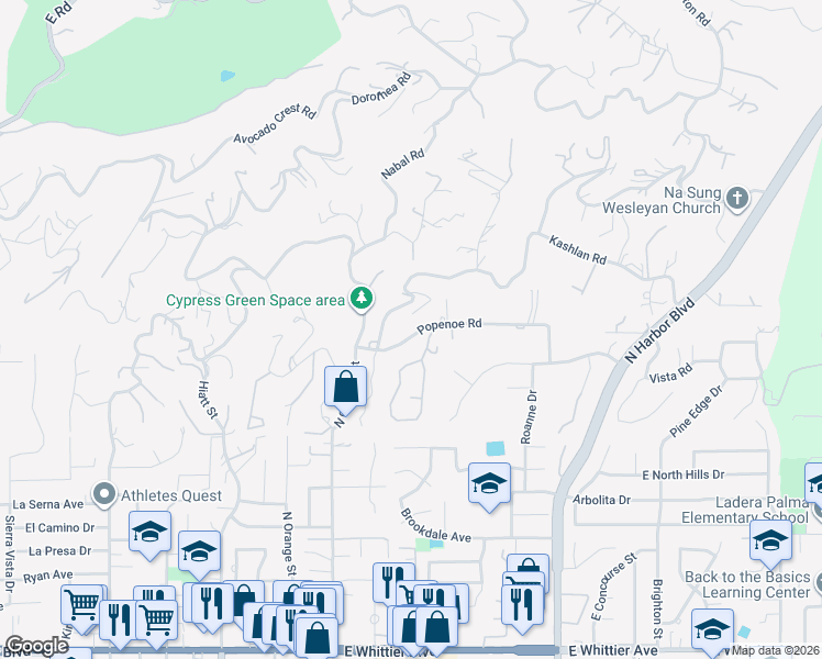 map of restaurants, bars, coffee shops, grocery stores, and more near 1279 Popenoe Road in La Habra Heights
