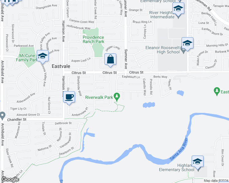 map of restaurants, bars, coffee shops, grocery stores, and more near 7619 Soaring Bird Court in Corona