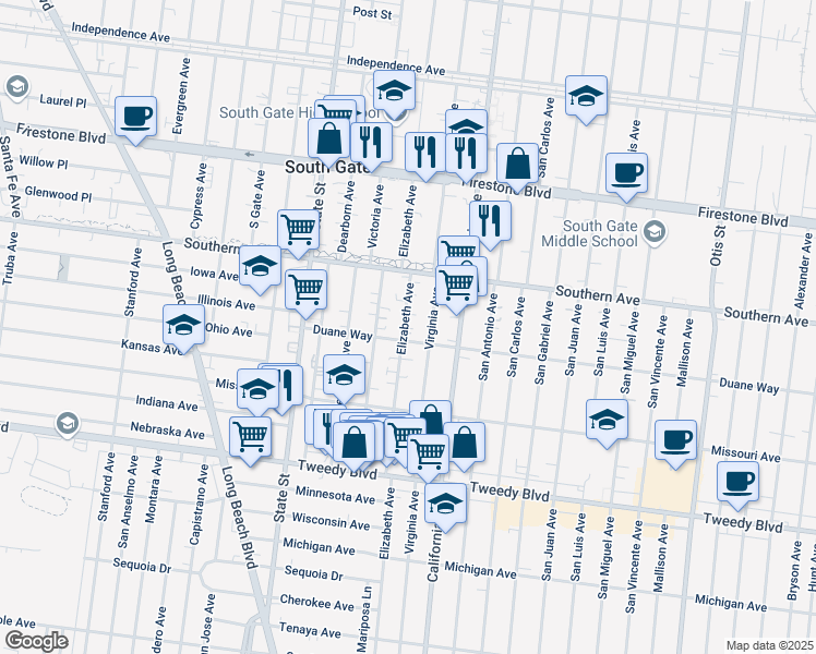 map of restaurants, bars, coffee shops, grocery stores, and more near 9400 Elizabeth Avenue in South Gate