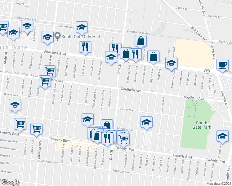 map of restaurants, bars, coffee shops, grocery stores, and more near 9217 Otis Street in South Gate