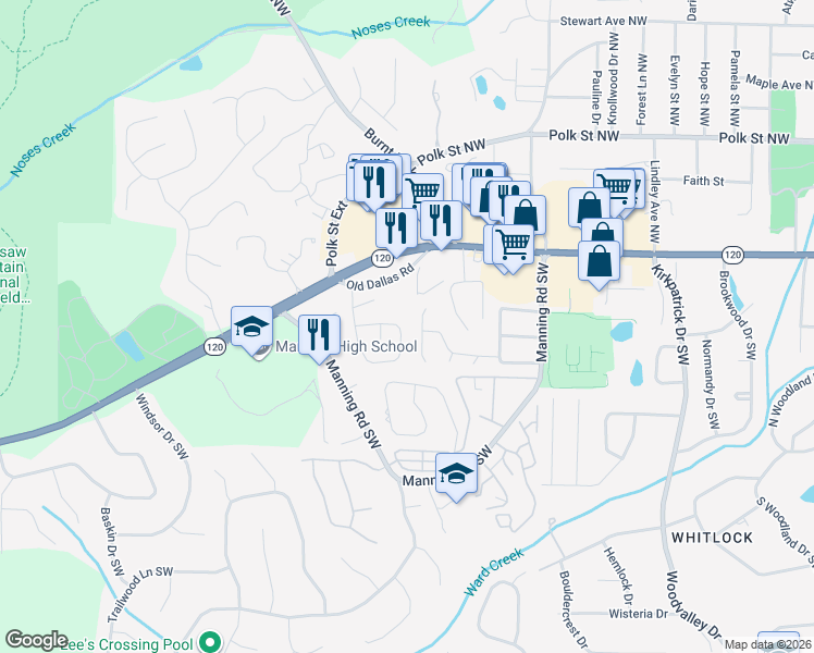 map of restaurants, bars, coffee shops, grocery stores, and more near 390 Hickory Walk Southwest in Marietta