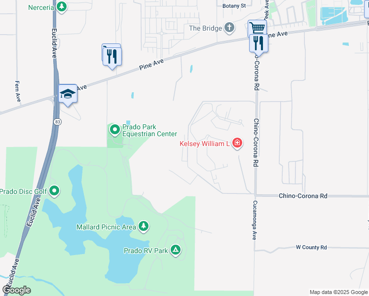 map of restaurants, bars, coffee shops, grocery stores, and more near 16131 East Preserve Loop in Chino