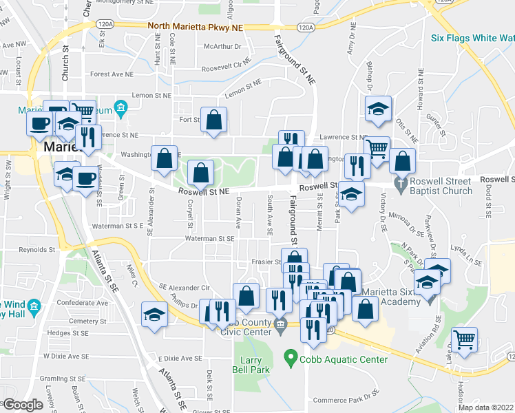 map of restaurants, bars, coffee shops, grocery stores, and more near in Marietta
